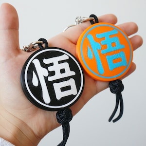 Puede incluir: Dos llaveros redondos con el car&aacute;cter chino "信" (que significa "confianza") en blanco sobre fondo negro y azul sobre fondo naranja.