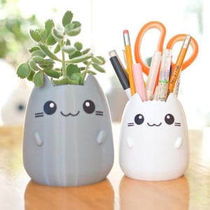 Cat Planter with Arms and Smile, Succulent Planter, Anime Kitty Pot, Cute Office Desk Planter, Cat Pet Lover Gift