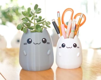 Cat Planter with Arms and Smile, Succulent Planter, Anime Kitty Pot, Cute Office Desk Planter, Cat Pet Lover Gift