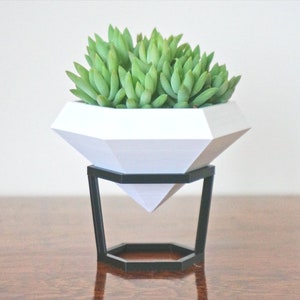 May include: A white geometric diamond-shaped planter with a black metal stand, filled with green succulent plants.