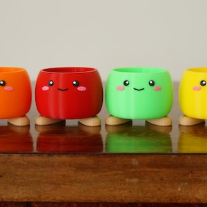 May include: Four small, colorful, 3D printed planters with cute faces and legs. The planters are orange, red, green, and yellow.
