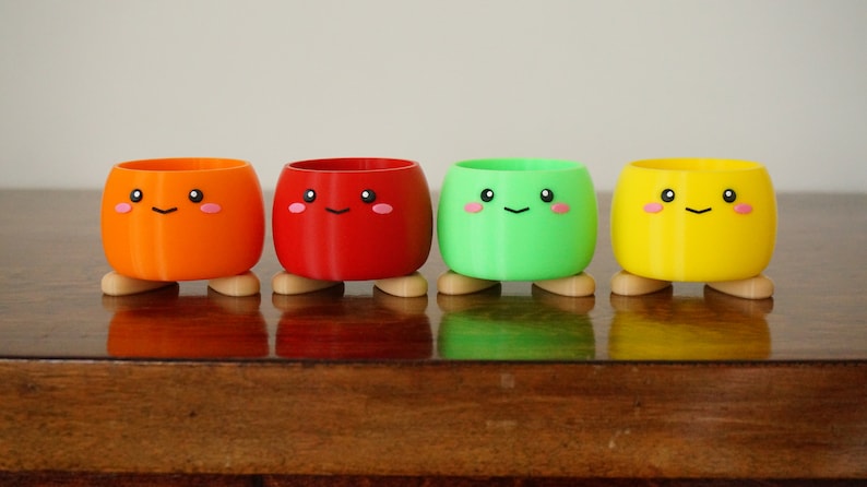 May include: Four small, colorful, 3D printed planters with cute faces and legs. The planters are orange, red, green, and yellow.