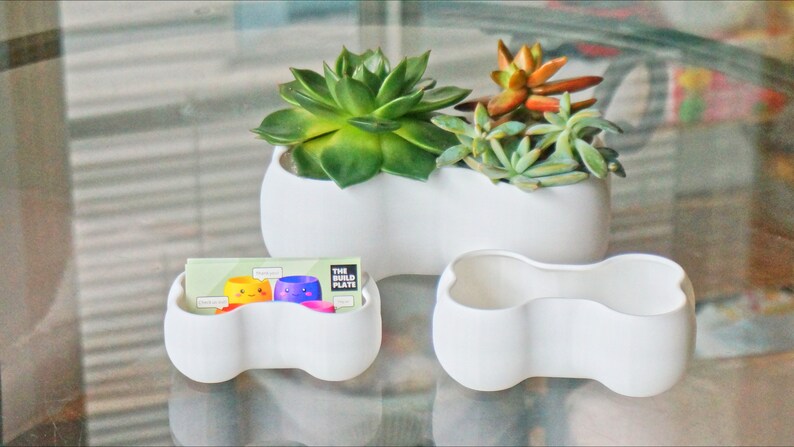 May include: Three white ceramic planters in different shapes, with two succulents and a card with the text "The Build Plate" in the middle planter.