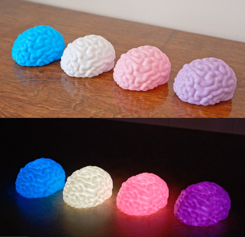 May include: Five brain-shaped night lights in different colors: blue, white, pink, purple, and light blue. The lights are arranged in a row on a wooden surface.