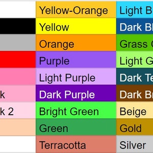 May include: A chart with color swatches and names for various colors, including white, black, grey, red, pink, light pink, light pink 2, peach, yellow-orange, yellow, orange, purple, light purple, dark purple, bright green, green, terracotta, light blue, dark blue, grass green, light green, dark teal, dark brown, beige, gold, and silver.