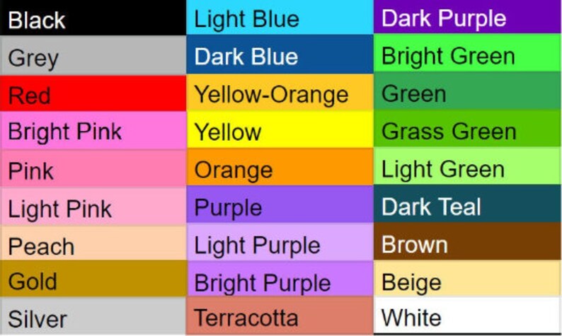 Op de afbeelding: Een kleurenkaart met 18 verschillende kleuren, waaronder zwart, grijs, rood, felroze, roze, lichtroze, perzik, goud, zilver, lichtblauw, donkerblauw, geel-oranje, geel, oranje, paars, lichtpaars, paars, terracotta, donkerpaars, felgroen, groen, grasgroen, lichtgroen, donkerblauw, bruin, beige en wit.