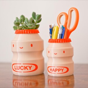 May include: Two whimsical, light pink containers shaped like bottles, one with a succulent and the other with pens and scissors. The containers have orange lids and smiling faces. One says "LUCKY" and the other says "HAPPY".