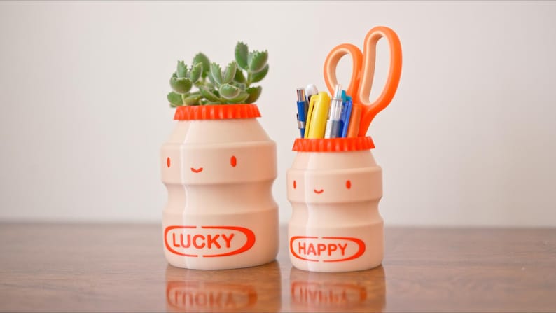 May include: Two whimsical, light pink containers shaped like bottles, one with a succulent and the other with pens and scissors. The containers have orange lids and smiling faces. One says "LUCKY" and the other says "HAPPY".