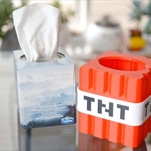 K&ouml;nnte beinhalten: Eine wei&szlig;e Taschentuchbox mit einer Bergszene auf der Vorderseite steht neben einem roten und wei&szlig;en Minecraft TNT-thematischen Taschentuchhalter.