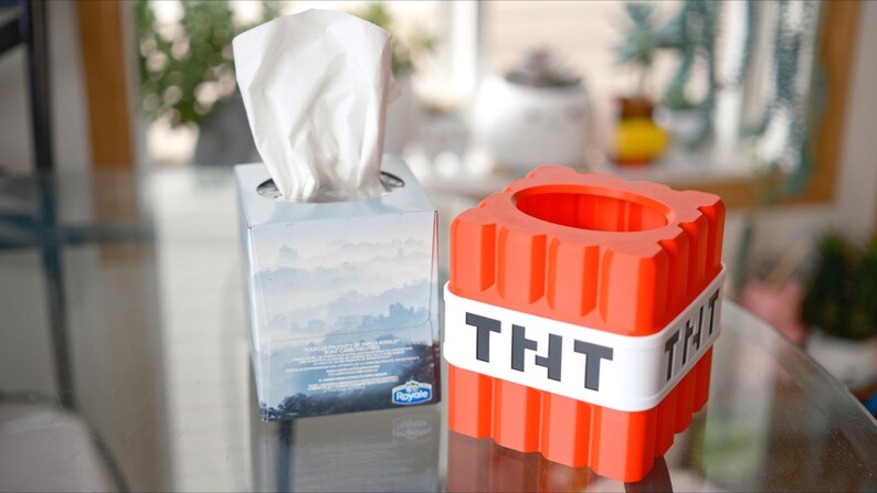 K&ouml;nnte beinhalten: Eine wei&szlig;e Taschentuchbox mit einer Bergszene auf der Vorderseite steht neben einem roten und wei&szlig;en Minecraft TNT-thematischen Taschentuchhalter.