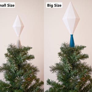 May include: Two Christmas tree toppers, labeled "Small Size" and "Big Size." Each features a white, geometric diamond shape. The smaller one has a clear base, while the larger one has a teal base. Both are placed on a green Christmas tree.