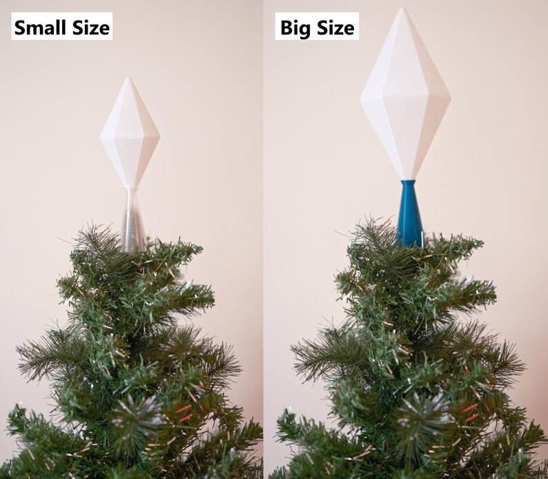 May include: Two Christmas tree toppers, labeled "Small Size" and "Big Size." Each features a white, geometric diamond shape. The smaller one has a clear base, while the larger one has a teal base. Both are placed on a green Christmas tree.