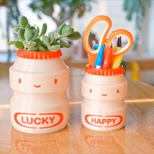 May include: Two cream-colored, smiling, bottle-shaped containers with orange lids. One holds a succulent plant, the other scissors and pens. The first reads "LUCKY" and the second "HAPPY" in orange. A cheerful desk organizer.