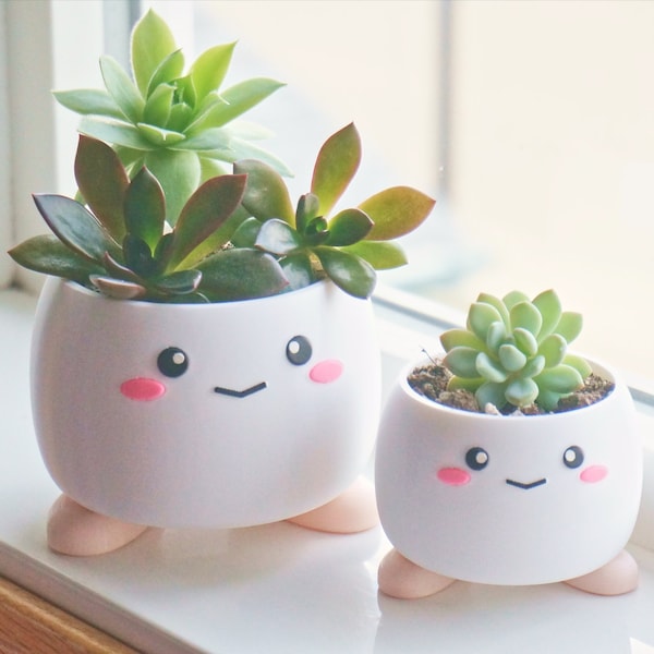 Cute Smiling Planter with Feet, Office Supply Organizer, Desk Decoration 3D Printed, Plant Pot with Shoes, Kawaii Anime Face