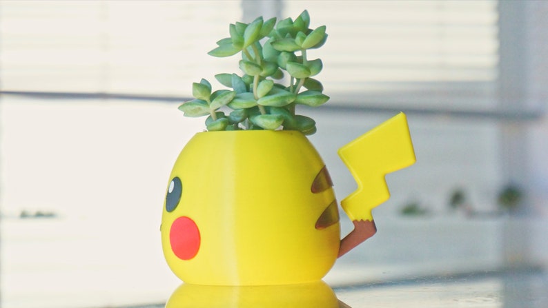 May include: A yellow Pikachu-shaped planter with a brown tail and a green succulent plant growing inside.