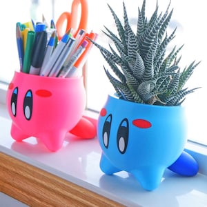 Puede incluir: Dos macetas de personajes de dibujos animados de colores. La maceta rosa contiene una variedad de bolígrafos y lápices. La maceta azul contiene una pequeña planta suculenta verde.