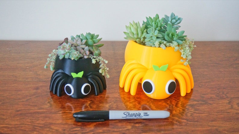 May include: Two whimsical spider-shaped planters, one black and one yellow, each filled with succulents. The planters have large, cartoonish eyes and eight legs. A black Sharpie marker is placed in front of the planters.