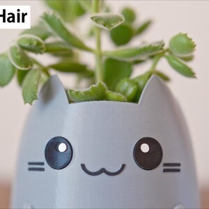 May include: A gray cat-shaped planter with a green plant inside. The planter has black eyes and a smiling mouth. The text "Smooth Hair" is in the upper left corner. Other white cat-shaped planters are in the background.