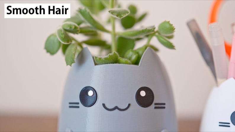May include: A gray cat-shaped planter with a green plant inside. The planter has black eyes and a smiling mouth. The text "Smooth Hair" is in the upper left corner. Other white cat-shaped planters are in the background.
