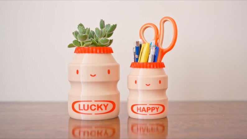 May include: Two light pink, bottle-shaped containers with orange lids and smiling faces. One holds a succulent plant, the other pens and orange scissors. The word "LUCKY" is on one, "HAPPY" on the other.