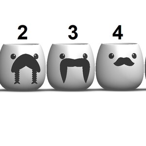 May include: Five white ceramic mugs with different black mustache designs. Each mug has a number from 1 to 5 printed on the top.