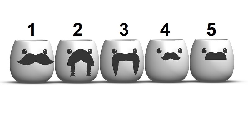 May include: Five white ceramic mugs with different black mustache designs. Each mug has a number from 1 to 5 printed on the top.