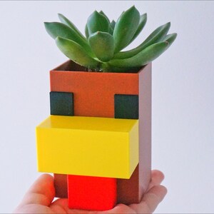 K&ouml;nnte beinhalten: Ein brauner, gelber und roter Pflanzer in Form eines Minecraft-Huhnkopfes mit einer gr&uuml;nen Sukkulente, die darin w&auml;chst.