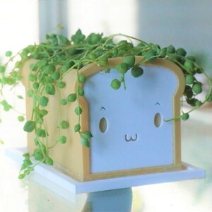 May include: A white and brown ceramic planter shaped like a slice of bread with a cute cartoon face. The planter is filled with a green succulent plant.