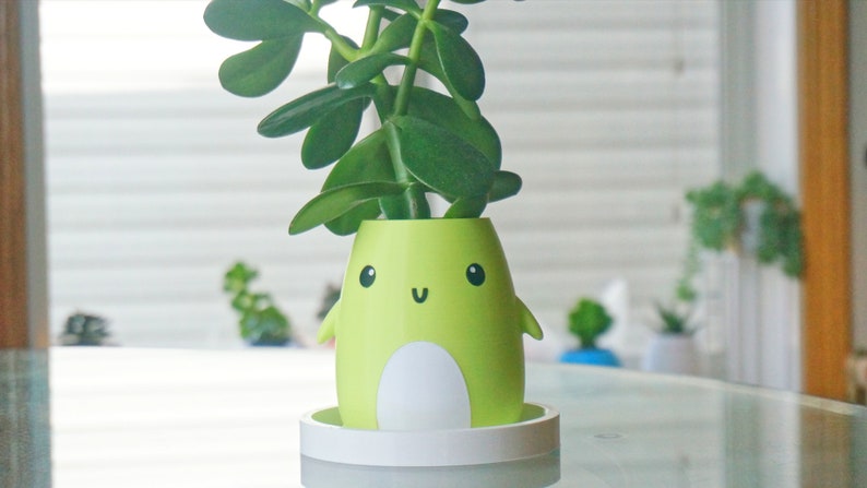 Puede incluir: Una maceta de cer&aacute;mica verde y blanca con forma de personaje de dibujos animados con una cara sonriente. La maceta tiene un platillo blanco y est&aacute; llena de una planta verde.