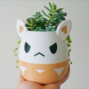 May include: White ceramic planter shaped like a cartoon animal with brown ears and a grumpy face. The planter is filled with green succulents.