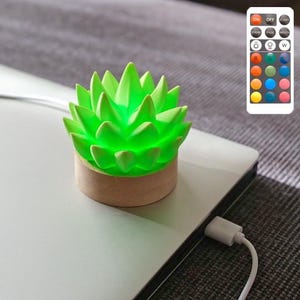 K&ouml;nnte beinhalten: Eine gr&uuml;ne, sukkulentenf&ouml;rmige LED-Lampe mit Holzsockel, die ein hellgr&uuml;nes Leuchten ausstrahlt. Die Lampe befindet sich auf einem Laptop, der &uuml;ber ein wei&szlig;es Ladekabel angeschlossen ist. Eine Fernbedienung mit Farboptionen ist ebenfalls sichtbar.