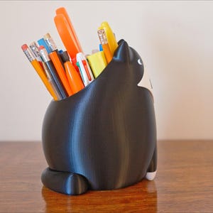 May include: A black cat-shaped desk organizer filled with pencils, pens, and markers. The cat has white accents on its face and paws. The organizer is sitting on a wooden surface.