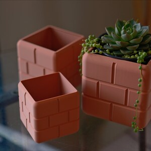 Pu&ograve; includere: Tre vasi di terracotta a forma di mattone, uno con una piccola pianta grassa. I vasi sono impilati uno sopra l'altro.