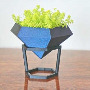 May include: A blue diamond-shaped planter with a green succulent plant inside, sitting on a black metal stand. The planter has a sparkly finish.
