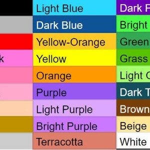 May include: A color chart featuring a grid of various color swatches. Colors include black, grey, red, bright pink, pink, light pink, peach, gold, silver, light blue, dark blue, yellow-orange, yellow, orange, purple, light purple, bright purple, terracotta, dark purple, bright green, green, grass green, light green, dark teal, brown, beige, and white.