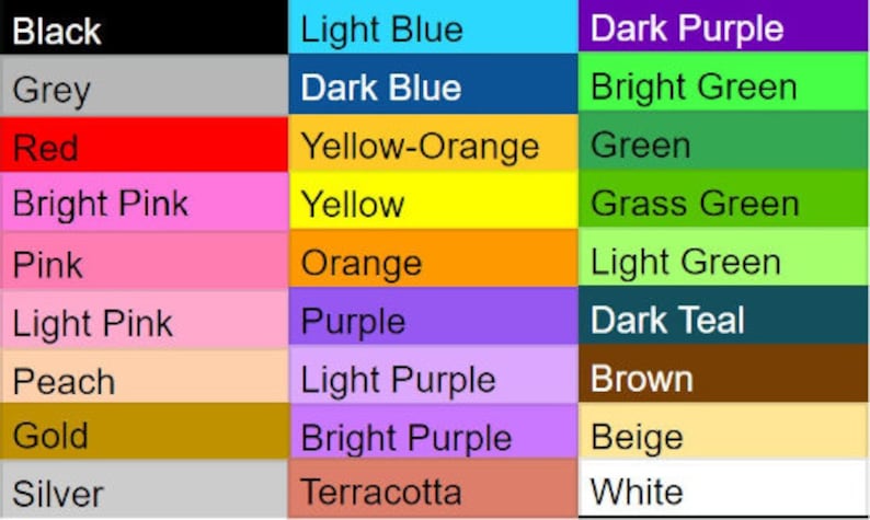 May include: A color chart featuring a grid of various color swatches. Colors include black, grey, red, bright pink, pink, light pink, peach, gold, silver, light blue, dark blue, yellow-orange, yellow, orange, purple, light purple, bright purple, terracotta, dark purple, bright green, green, grass green, light green, dark teal, brown, beige, and white.
