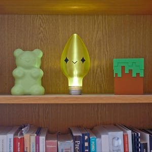May include: A wooden shelf displays five decorative lights. A yellow star, a green gummy bear, a yellow light bulb with a face, a Minecraft block, and a black spider-shaped light. The shelf is above a row of books.