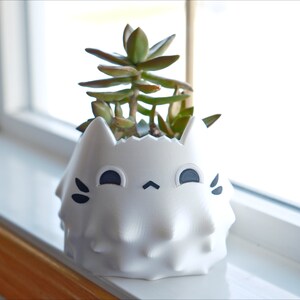 May include: White ceramic planter shaped like a cat with a cute face and spiky texture, holding a green succulent plant.