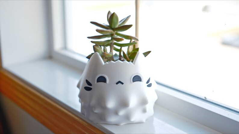 May include: White ceramic planter shaped like a cat with a cute face and spiky texture, holding a green succulent plant.