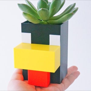 May include: A black, white, yellow, and red planter shaped like a pixelated face with a succulent plant growing inside.