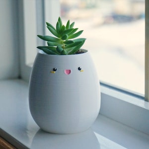 May include: White ceramic planter shaped like a face with a smiling mouth and two yellow eyes. A small green succulent plant is growing inside the planter.