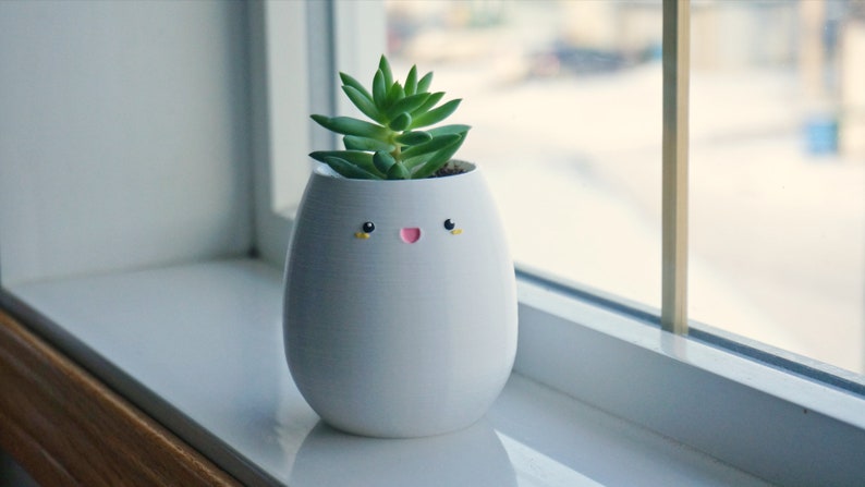 May include: White ceramic planter shaped like a face with a smiling mouth and two yellow eyes. A small green succulent plant is growing inside the planter.