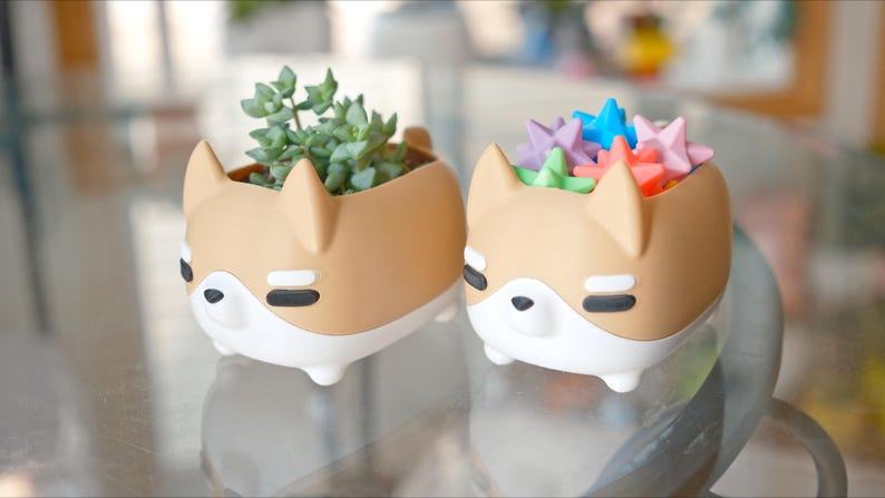 May include: Two brown ceramic planters shaped like dogs, one with a succulent plant and the other with colorful star-shaped decorations.