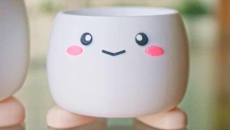May include: White ceramic planter with a cute cartoon face. The planter has pink cheeks, black eyes, and a small black smile. The planter has two small feet.