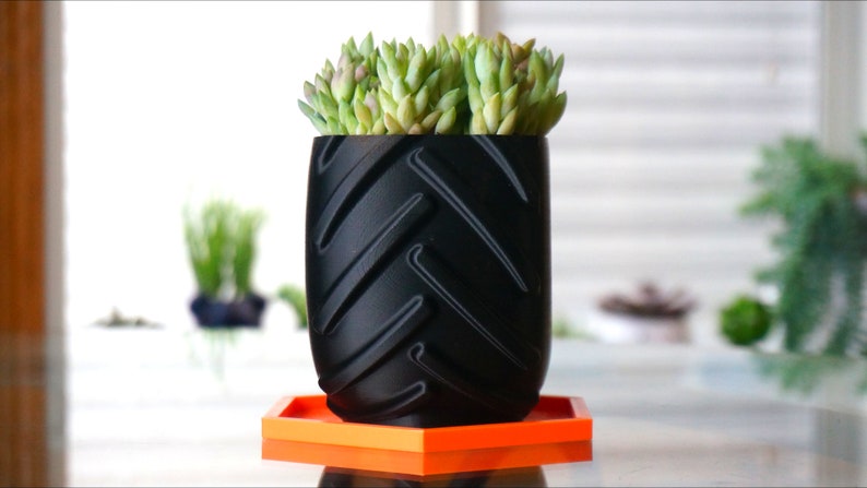 May include: A black planter shaped like a tire with a green succulent plant growing inside. The planter is sitting on a bright orange hexagonal saucer.