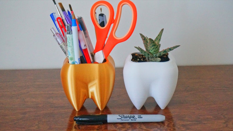 Puede incluir: Un portal&aacute;pices dorado con forma de diente, lleno de bol&iacute;grafos, l&aacute;pices y tijeras. Junto a &eacute;l, una maceta blanca con forma de diente con una peque&ntilde;a suculenta. Un rotulador Sharpie negro descansa delante.