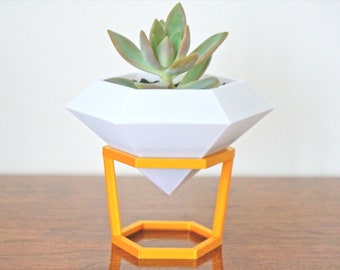 Diamond Planter with Holder stand- Modern Geometric Succulent Pot- Office desk Indoor Plant Pot + Holder Stand- 3D printed Decor