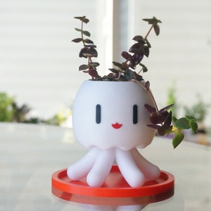 May include: White ceramic planter shaped like an octopus with red lips and black eyes. The planter has five tentacles and is holding a small green plant with red leaves.