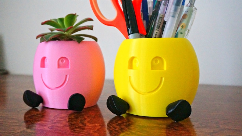 May include: Two 3D printed smiley face planters, one pink with a succulent plant and one yellow with a set of pens inside.