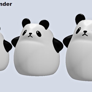 Op de afbeelding: Drie witte en zwarte pluche panda beren met zwarte ogen en neuzen. De panda's zijn rond en hebben zwarte oren en armen.